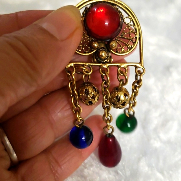 Antique Long Pretty Blue, Red, Green Cabochon Drop Dangle Beaded Earrings Matte. - Picture 7 of 8